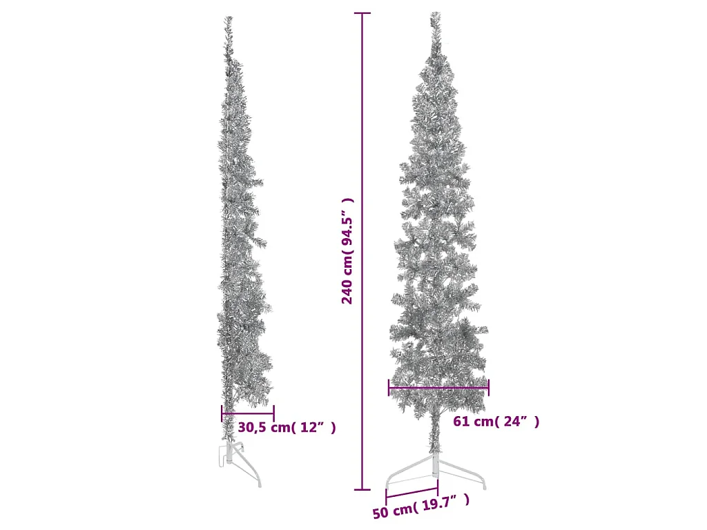Kunstkerstboom half met standaard smal 240 cm zilverkleurig