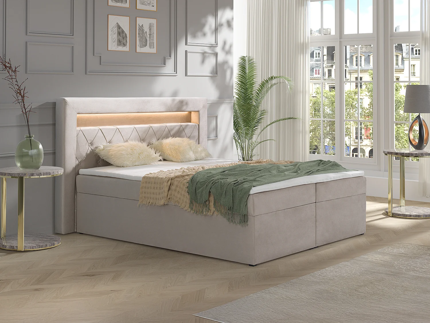 Ensemble complet literie déco tête de lit avec led + sommiers coffre + matelas + surmatelas - 160 x 200 cm - Velours - Beige - ORANA de YSMÉE