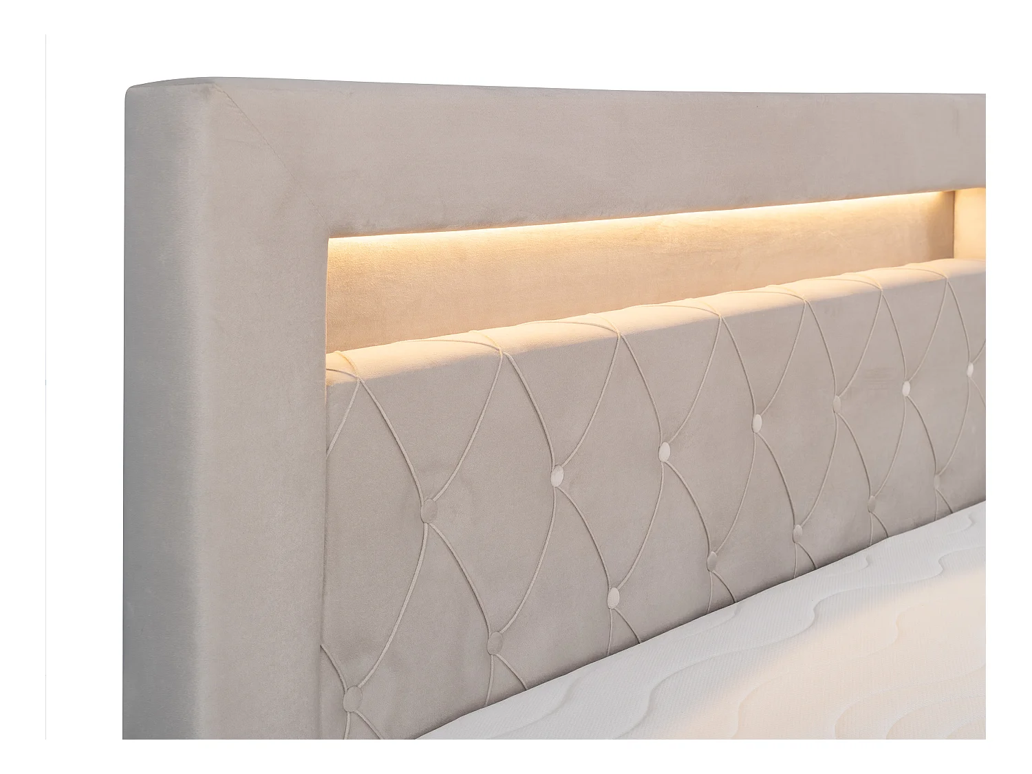 Ensemble complet literie déco tête de lit avec led + sommiers coffre + matelas + surmatelas - 160 x 200 cm - Velours - Beige - ORANA de YSMÉE