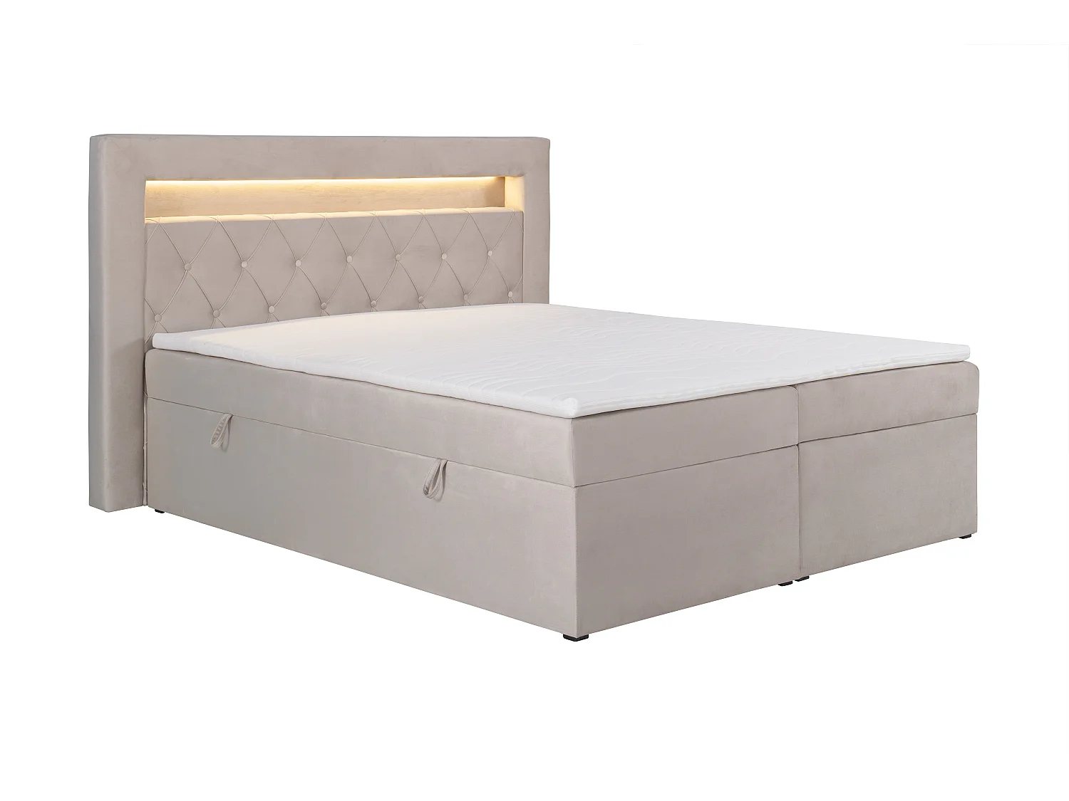 Ensemble complet literie déco tête de lit avec led + sommiers coffre + matelas + surmatelas - 160 x 200 cm - Velours - Beige - ORANA de YSMÉE