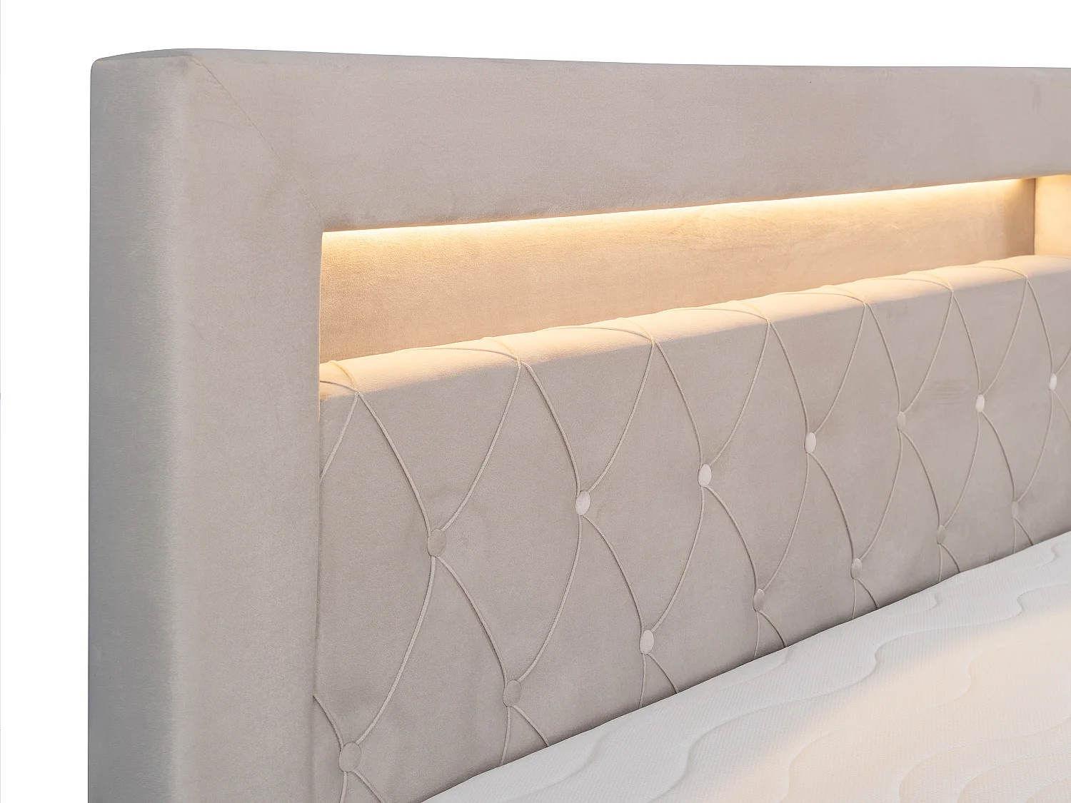 Set letto deco testata LED + rete vano + Materasso + topper 180 x 200 cm Velluto Beige - ORANA di YSMÉE