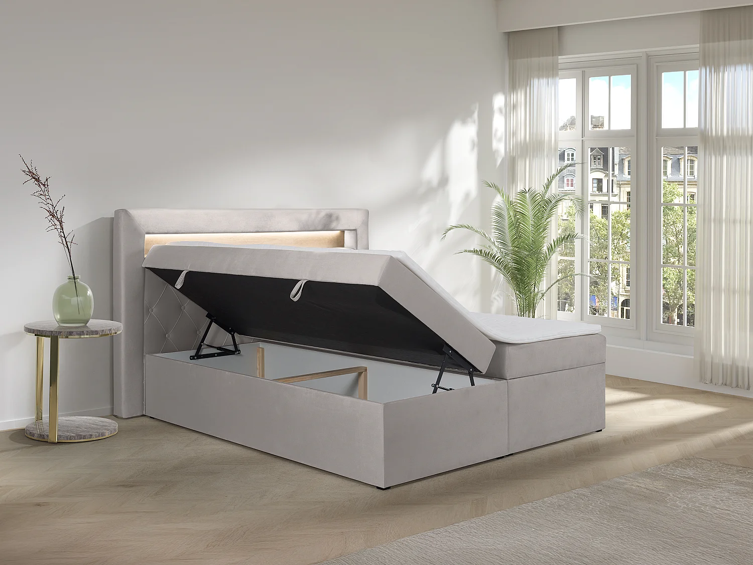 Cama completa con cabecero con luces LED + canapés abatibles + colchón + topper - 180 x 200 cm - Terciopelo - Beige - ORANA de YSMÉE