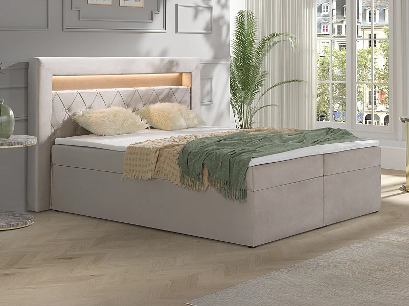 Deko-Komplett-Set mit Bett-Kopfteil mit LED-Beleuchtung + Bettgestell mit Bettkasten + Matratze + Topper - 180 x 200 cm - Samt - Beige - ORANA von YSMÉE