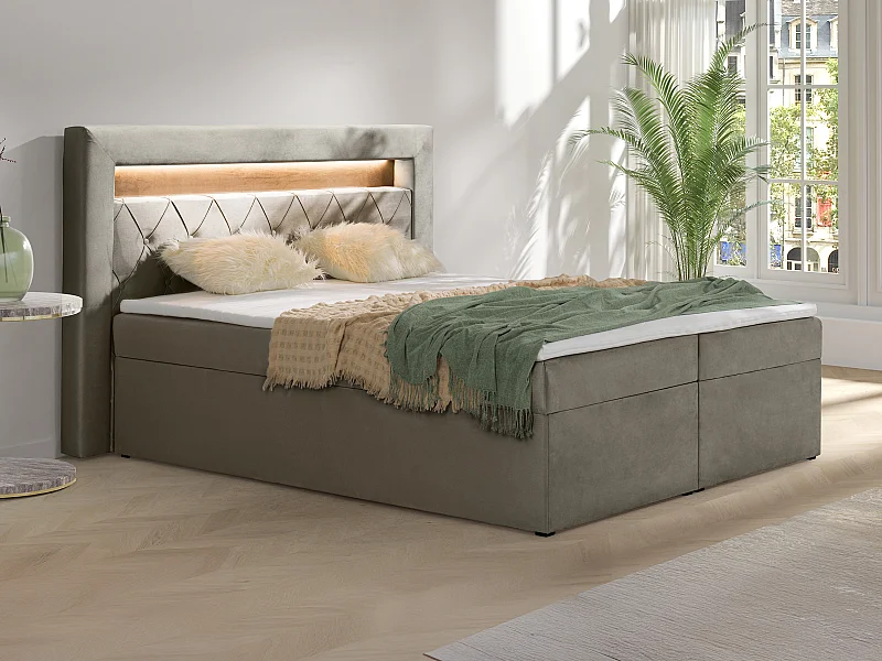 Deko-Komplett-Set mit Bett-Kopfteil mit LED-Beleuchtung + Bettgestell mit Bettkasten + Matratze + Topper - 160 x 200 cm - Samt - Taupe - ORANA von YSMÉE