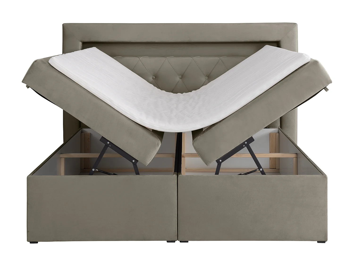 Zestaw do sypialni ozdobny zagłówek z oświetleniem LED + stelaże ze skrzynią + materace + nakładka na materac - 160 x 200 cm - Welur - Taupe - ORANA marki YSMÉE