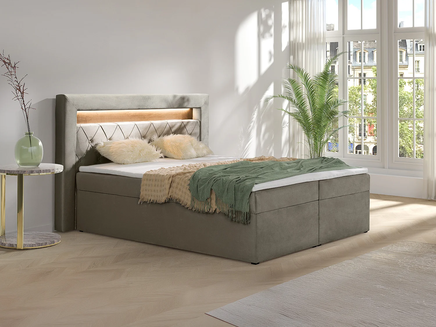 Ensemble complet literie déco tête de lit avec led + sommiers coffre + matelas + surmatelas - 160 x 200 cm -  Velours - Taupe - ORANA de YSMÉE