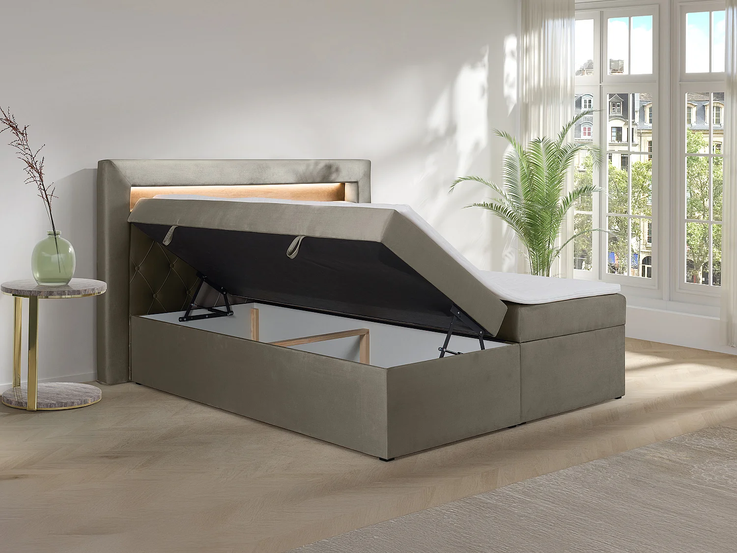 Cama completa con cabecero con luces LED + canapés abatibles + colchón + topper - 160 x 200 cm - Terciopelo - Topo - ORANA de YSMÉE