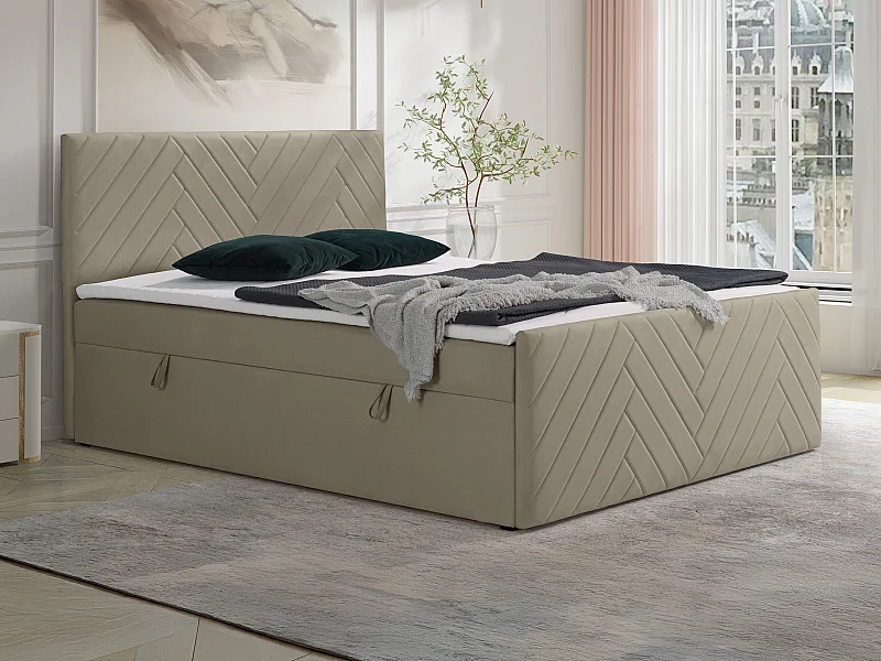 Conjunto completo de artigos de cama decorativo cabeceira de cama + sommiers com espaço de arrumação + colchão + sobrecolchão 160x200 cm veludo taupe - MAKANA de YSMÉE