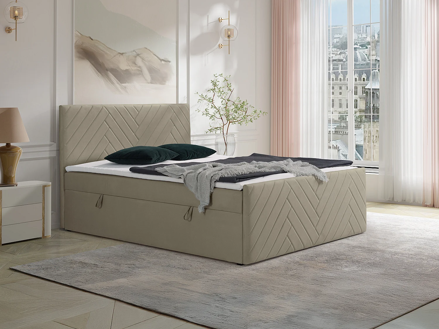 Ensemble complet literie déco tête de lit + sommiers coffre + matelas + surmatelas - 160 x 200 cm - Velours - Taupe - MAKANA de YSMÉE