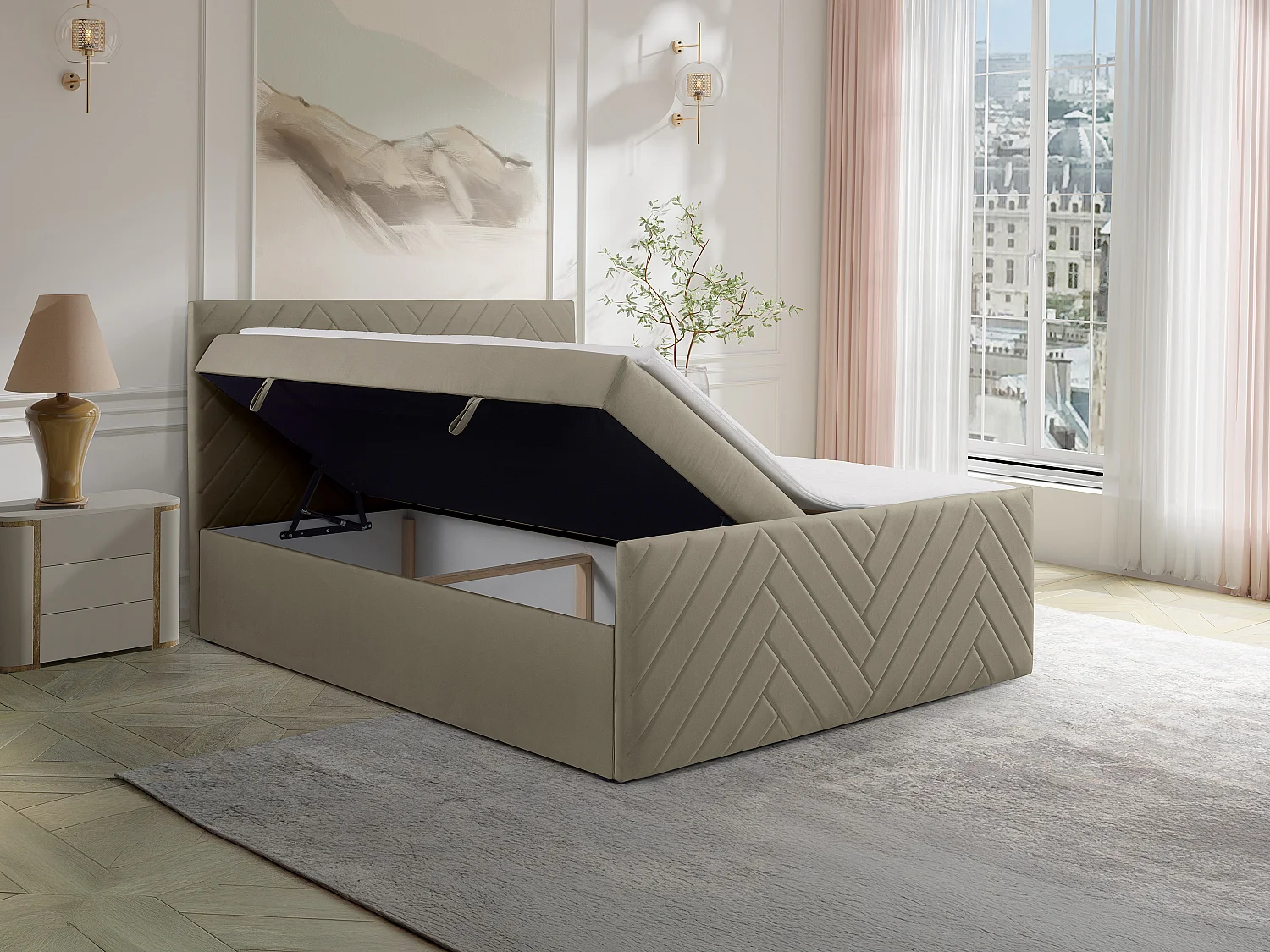 Complete decoratieve bedset met hoofdbord + bedbodems met opbergruimte + matras + topmatras - 160 x 200 cm - Fluweel - Taupe - MAKANA van YSMÉE
