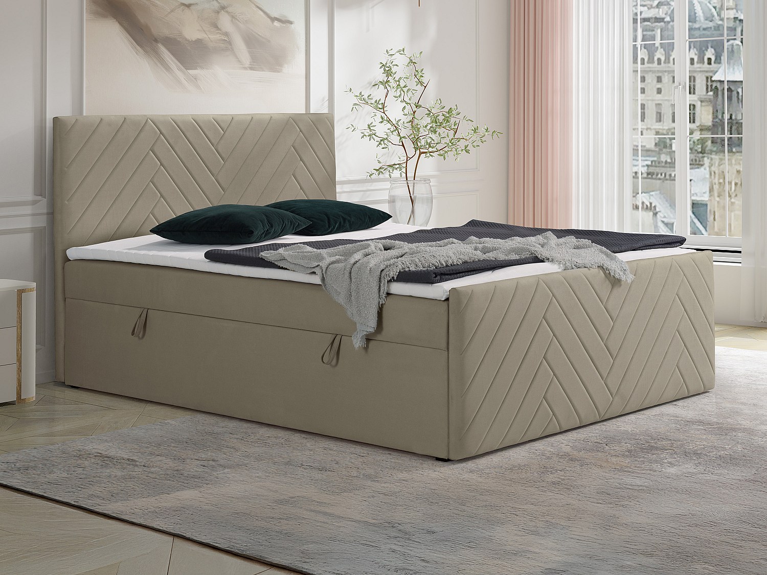 Komplett sängsäng med huvudgavel + sängram med Sängram med förvaring + madrasser + bäddmadrass - 180 x 200 cm - Sammet - Taupe - MAKANA från YSMÉE