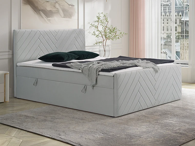 Ensemble complet literie déco tête de lit + sommiers coffre + matelas + surmatelas - 160 x 200 cm - Velours - Gris clair - MAKANA de YSMÉE