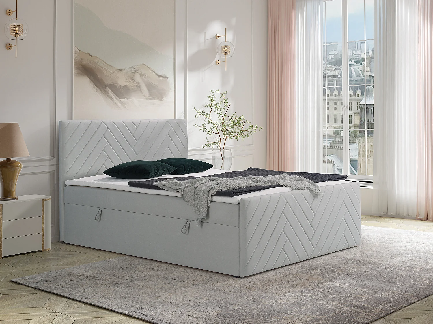 Ensemble complet literie déco tête de lit + sommiers coffre + matelas + surmatelas - 180 x 200 cm - Velours - Gris clair - MAKANA de YSMÉE