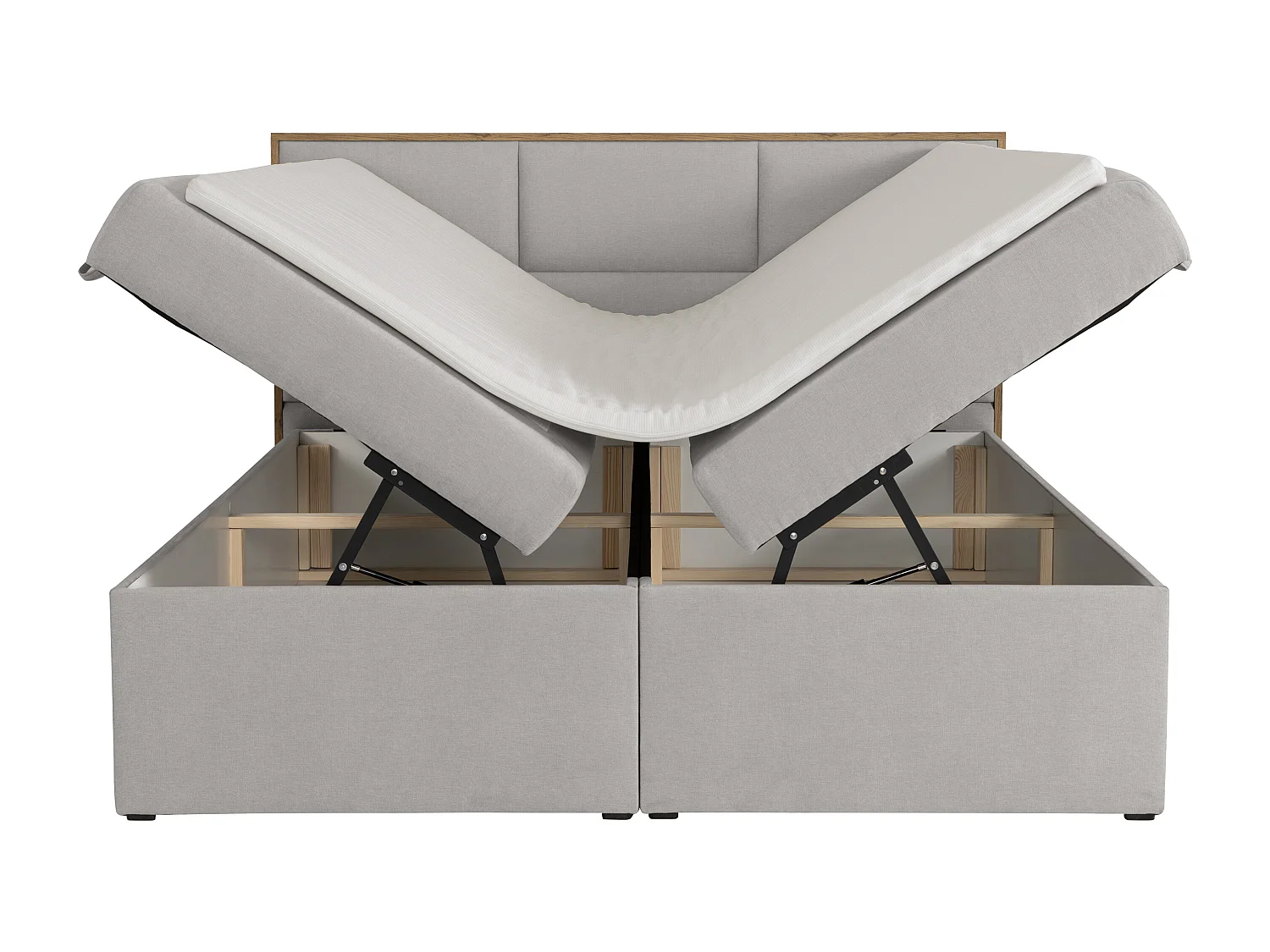 Ensemble complet literie déco tête de lit encadré bois + sommiers coffre + matelas + surmatelas - 160 x 200 cm - Tissu - Gris clair - SIAKI de YSMÉE