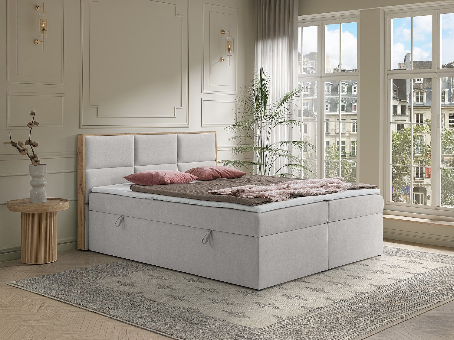 Deko-Komplett-Set mit Kopfteil mit Holzrahmen + Bettgestell mit Bettkasten günstig online kaufen