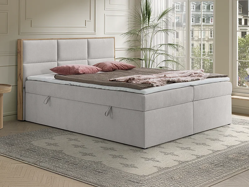 Cama con cabecero de madera + canapés abatibles + colchón + sobrecolchón - 180 x 200 cm - Tela - Gris claro - SIAKI de YSMÉE