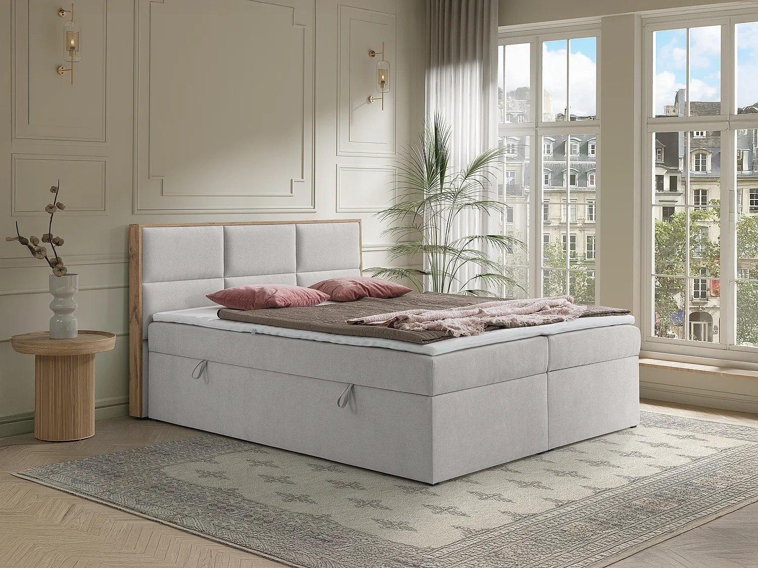 Ensemble complet literie déco tête de lit encadré bois + sommiers coffre + matelas + surmatelas - 180 x 200 cm - Tissu - Gris clair - SIAKI de YSMÉE