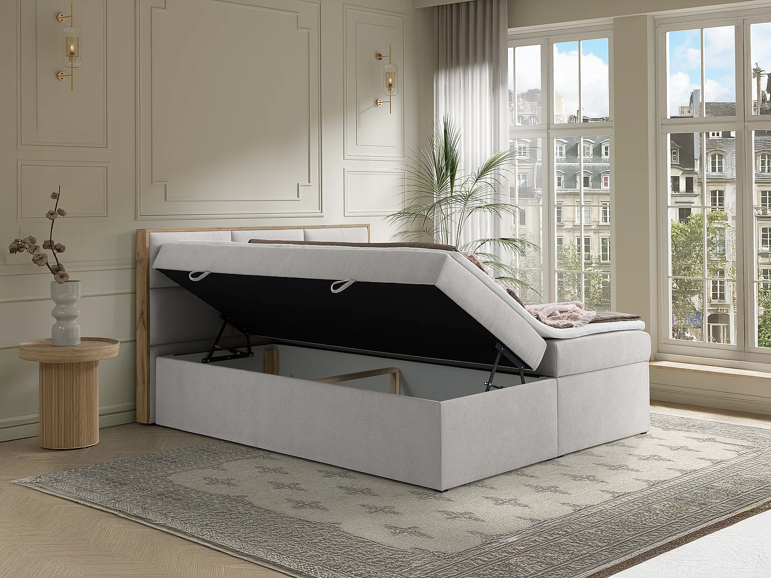 Cama con cabecero de madera + canapés abatibles + colchón + sobrecolchón - 180 x 200 cm - Tela - Gris claro - SIAKI de YSMÉE