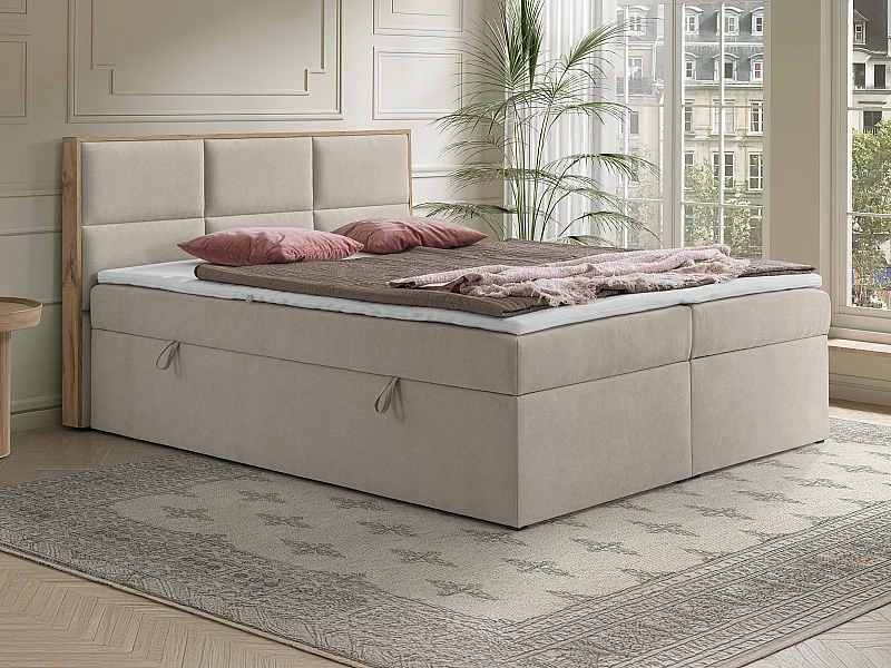 Conjunto completo artigos de cama decorativos cabeceira de cama com estrutura madeira + sommiers com espaço de arrumação + colchão + sobrecolchão, 160 x 200 cm, tecido bege - SIAKI de YSMÉE