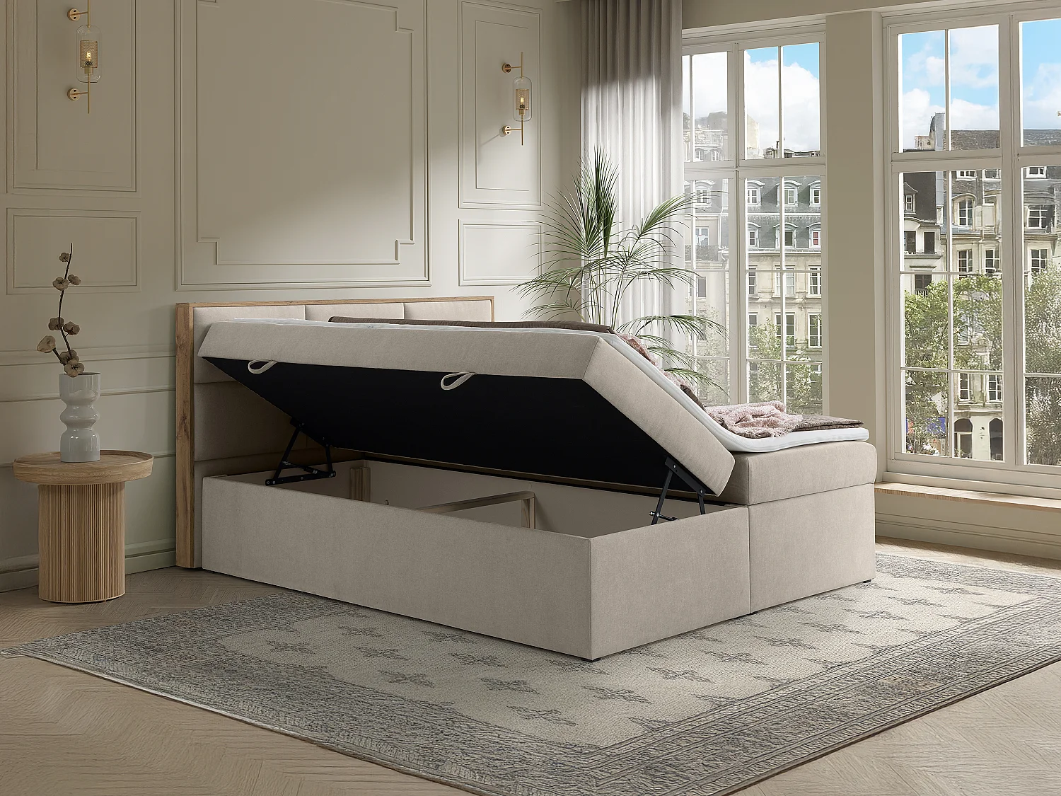 Deko-Komplett-Set mit Kopfteil mit Holzrahmen + Bettgestell mit Bettkasten + Matratze + Topper - 160 x 200 cm - Stoff - Beige - SIAKI von YSMÉE