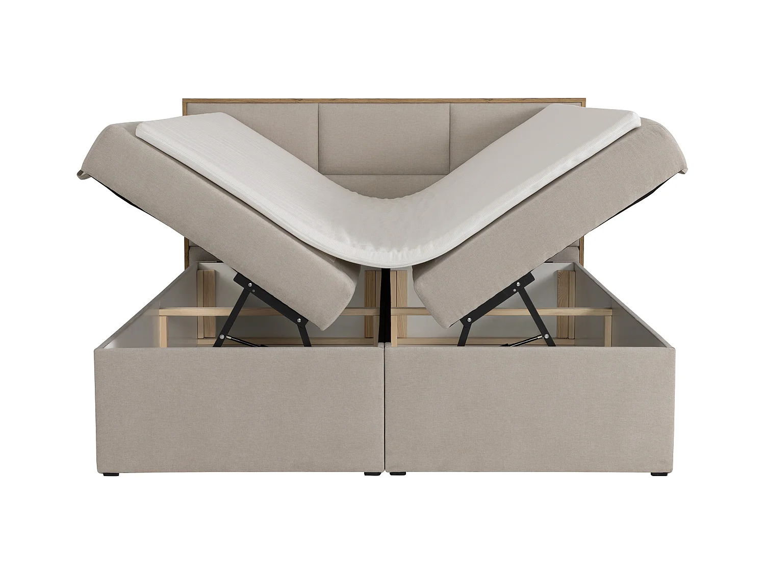 Cama con cabecero de madera enmarcado + canapés abatibles + colchón + topper - 160 x 200 cm - Tela - Beige - SIAKI de YSMÉE
