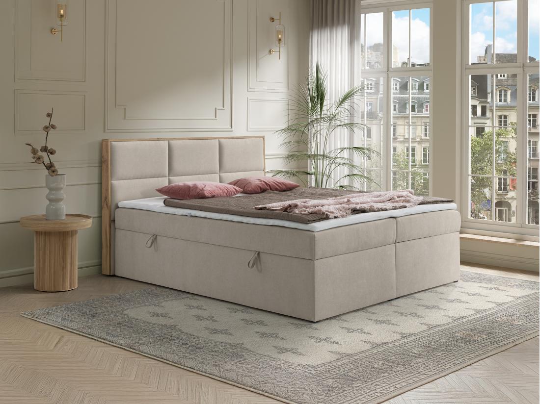 vente unique Ensemble complet literie déco tête de lit encadré bois + sommiers coffre + matelas + surmatelas - 160 x 200 cm - Tissu - Beige - SIAKI de YSMÉE