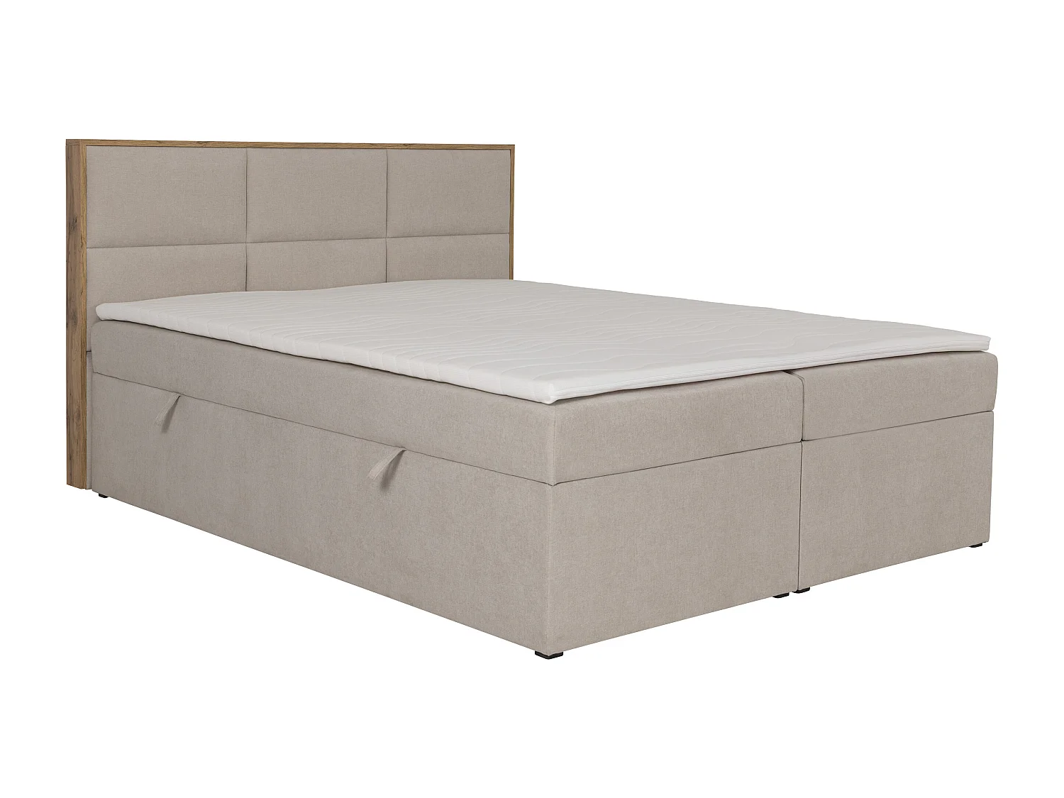Ensemble complet literie déco tête de lit encadré bois + sommiers coffre + matelas + surmatelas - 160 x 200 cm - Tissu - Beige - SIAKI de YSMÉE