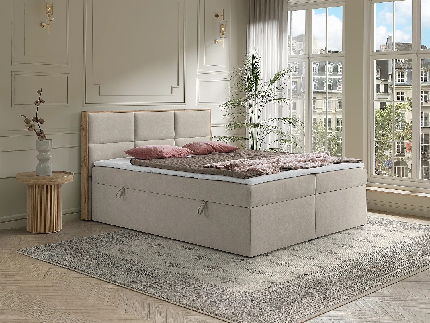 Ensemble complet literie déco tête de lit encadré bois + sommiers coffre + matelas + surmatelas - 180 x 200 cm - Tissu - Beige - SIAKI de YSMÉE