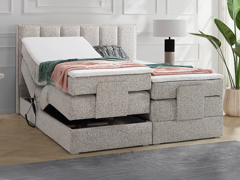 Set completo boxspring testata+Rete relax elettrica+Mater.+Topper 2x80x200 cm Tessuto Beige KALASI di PALACIO