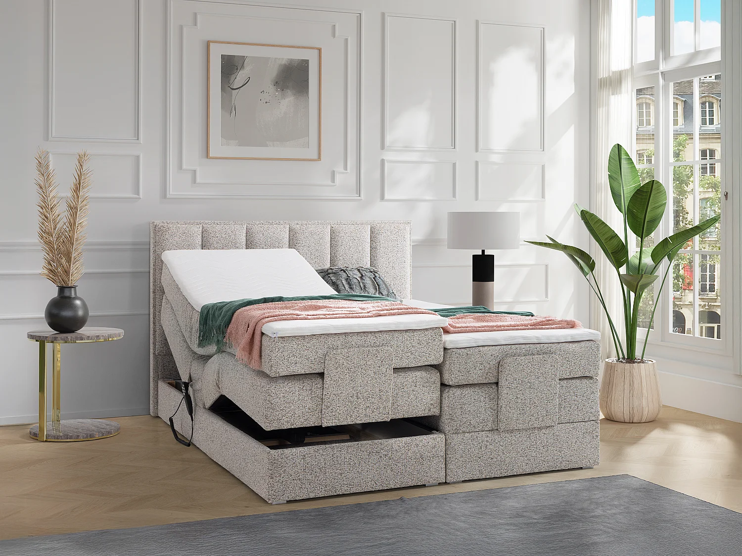 Ensemble complet boxspring tête de lit + sommiers relaxation électrique + matelas + surmatelas - 2 x 80 x 200 cm - Tissu - Beige - KALASI de PALACIO