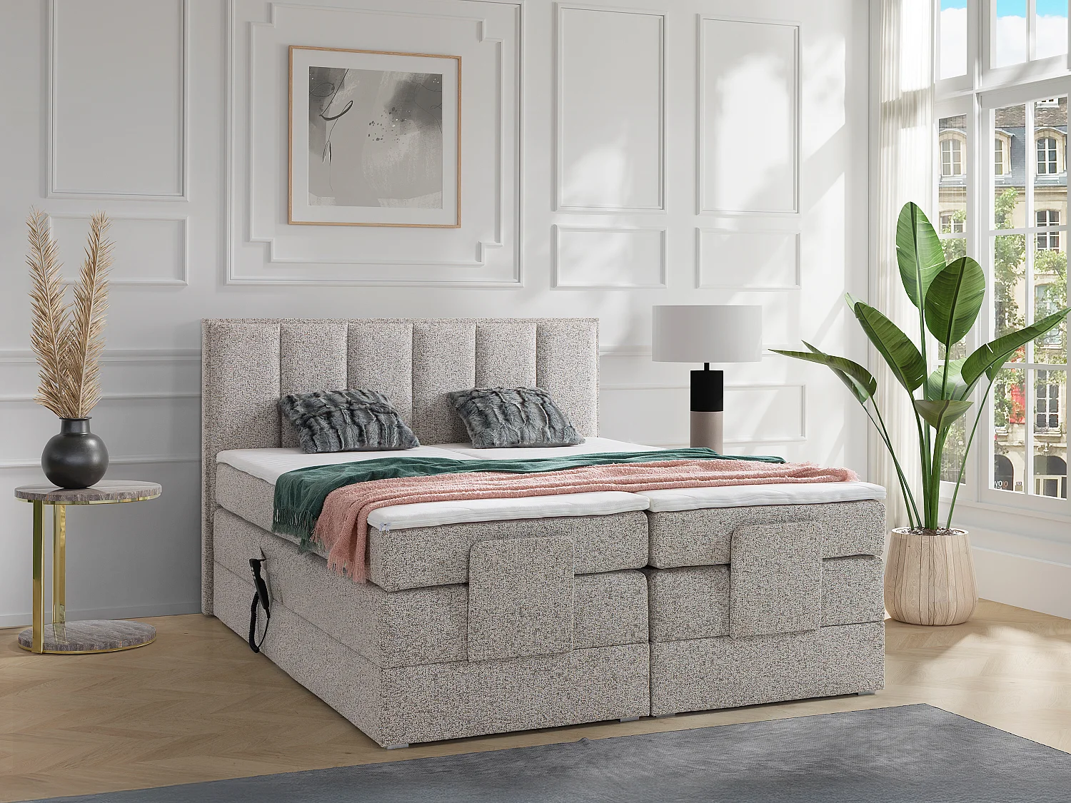 Complete set boxspringbed met hoofdbord + elektrische relaxbedbodems + matrassen + dekmatrassen - 2 x 90 x 200 cm - Stof - KALASI van PALACIO