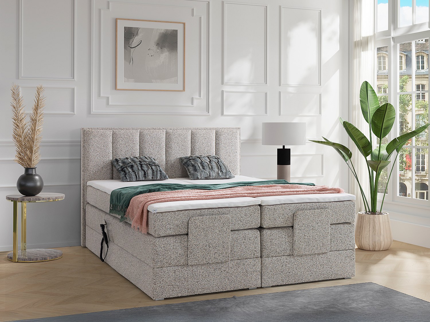 Boxspringbett mit Bett-Kopfteil + elektrisch verstellbare Lattenroste + Mat günstig online kaufen
