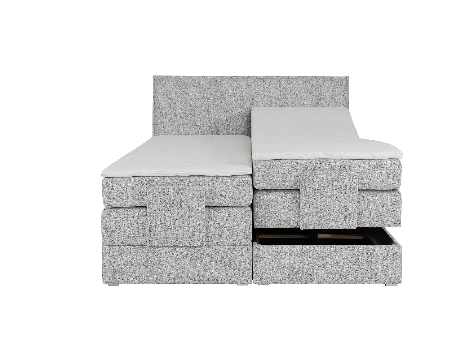 Komplet boxspring sengegaushuskynhoved + trælamelbund boksejerramme + madras + ovedmadras med hoved, boxmadras- og trådans lamelbund med madras, åade til elektrisk justerbar sengellos + topromgåtagen - 2 x 80 x 200 cm - Stof - Grå - KALASI af PALACIO