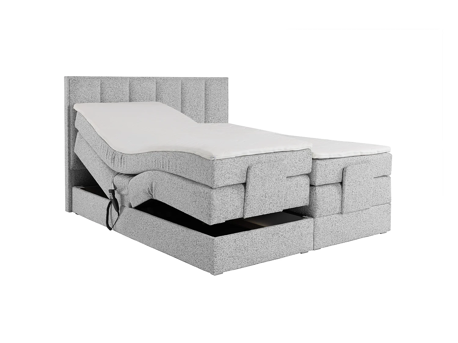 Komplet boxspring sengegaushuskynhoved + trælamelbund boksejerramme + madras + ovedmadras med hoved, boxmadras- og trådans lamelbund med madras, åade til elektrisk justerbar sengellos + topromgåtagen - 2 x 80 x 200 cm - Stof - Grå - KALASI af PALACIO