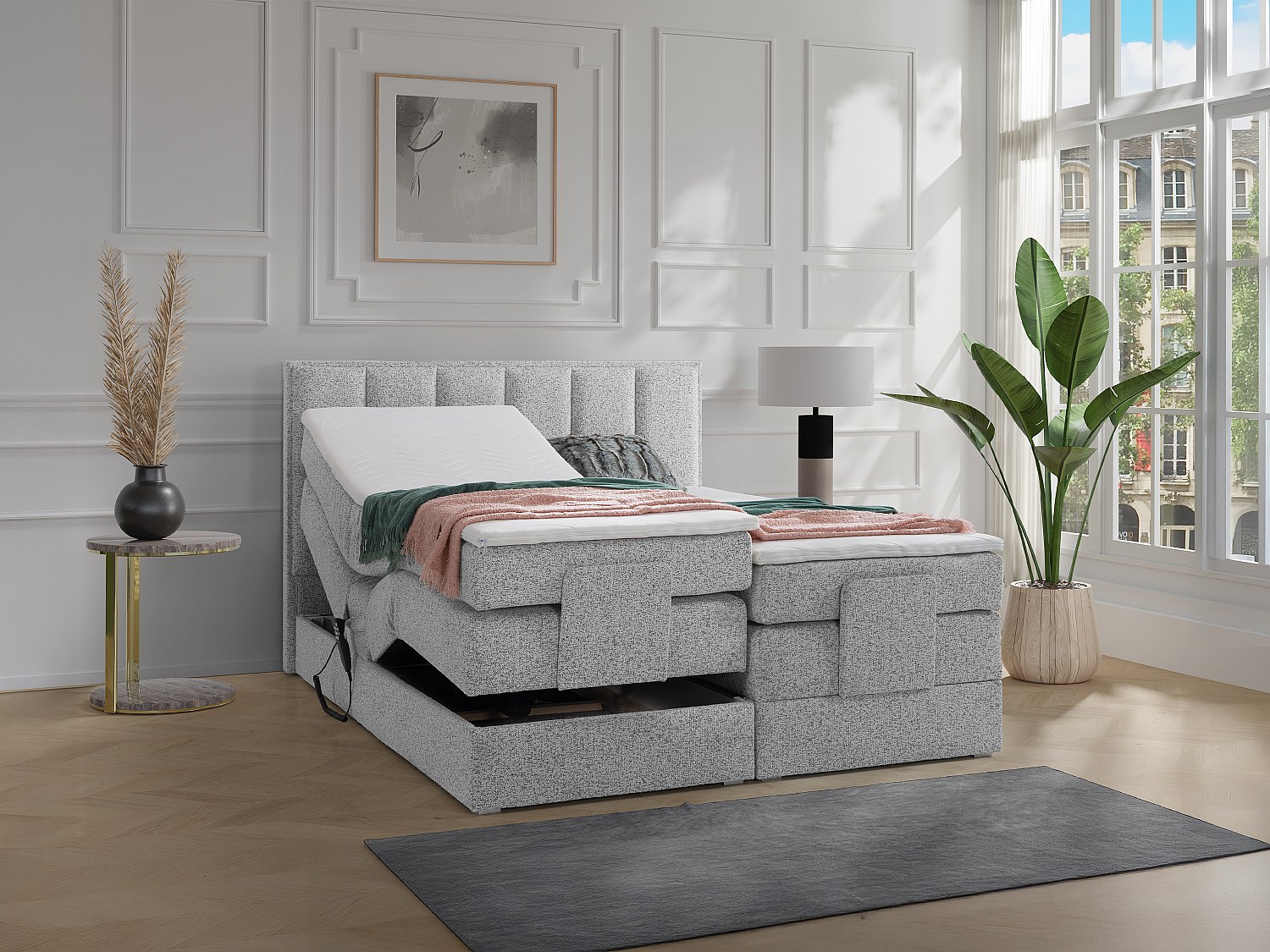 Boxspringbett mit Bett-Kopfteil + elektrisch verstellbare Lattenroste + Mat günstig online kaufen