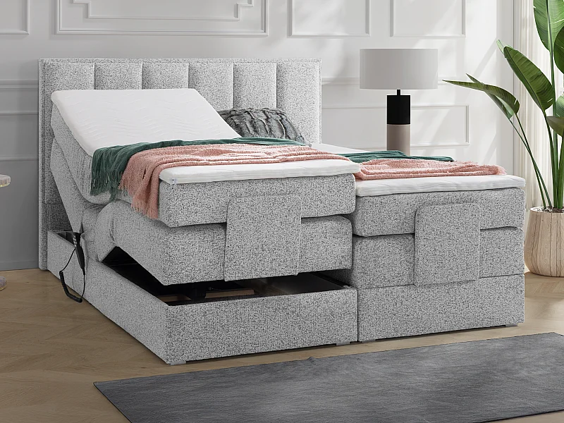 Ensemble complet boxspring tête de lit + sommiers relaxation électrique + matelas + surmatelas - 2 x 90 x 200 cm - Tissu - Gris - KALASI de PALACIO
