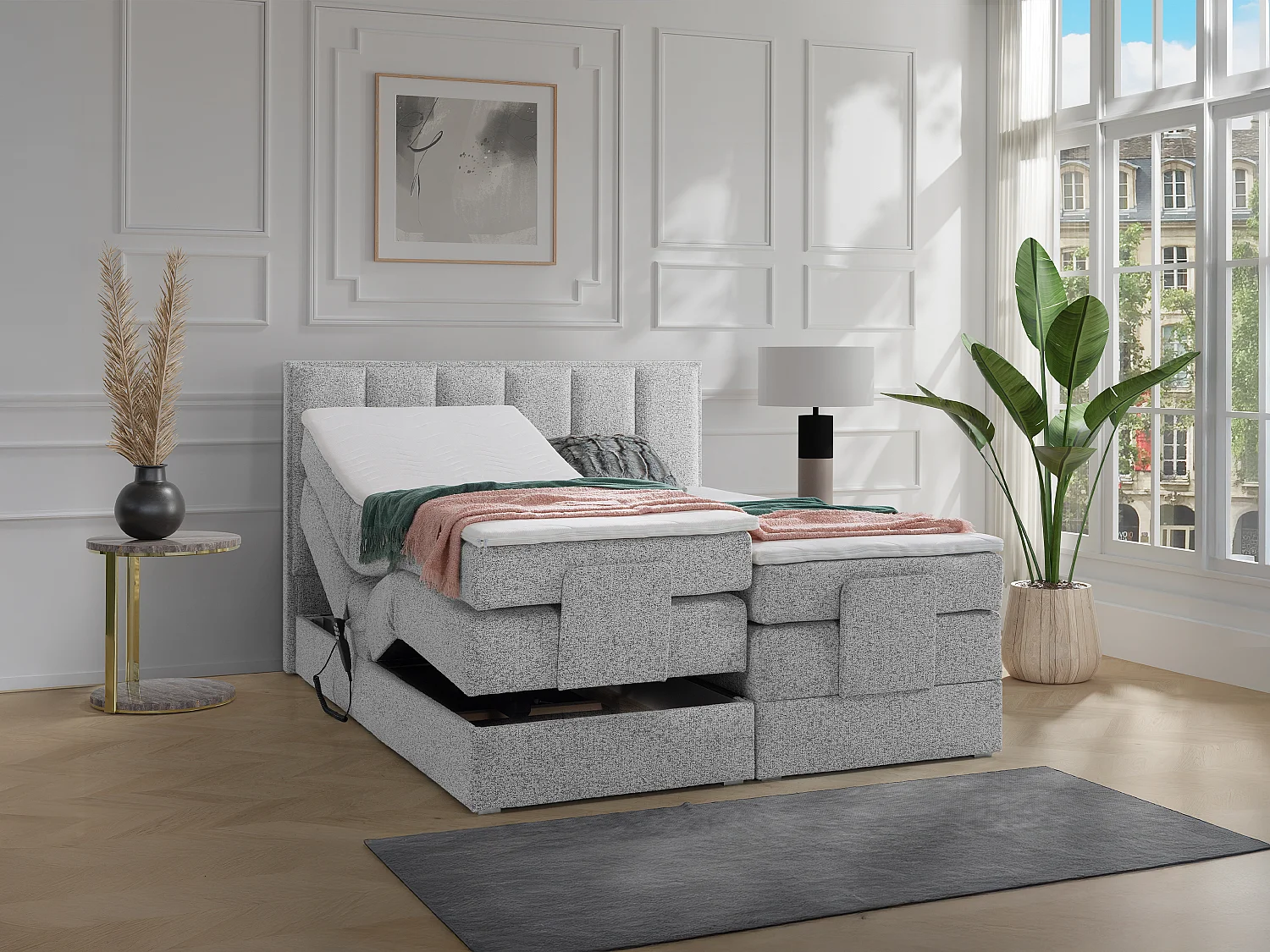 Komplett boxspring seng med hodegavl + elektrisk justerbare sengebunner + madrass + madrasstopp - 2 x 90 x 200 cm - Stoff - Grå - KALASI fra PALACIO