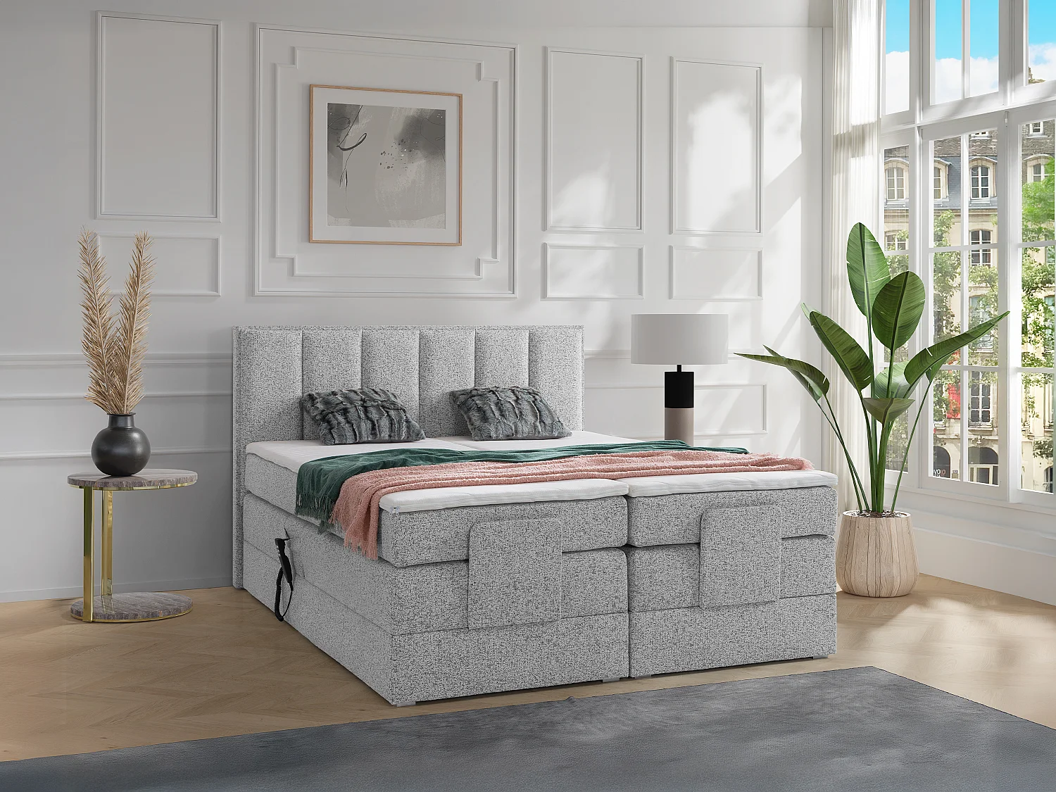 Ensemble complet boxspring tête de lit + sommiers relaxation électrique + matelas + surmatelas - 2 x 90 x 200 cm - Tissu - Gris - KALASI de PALACIO
