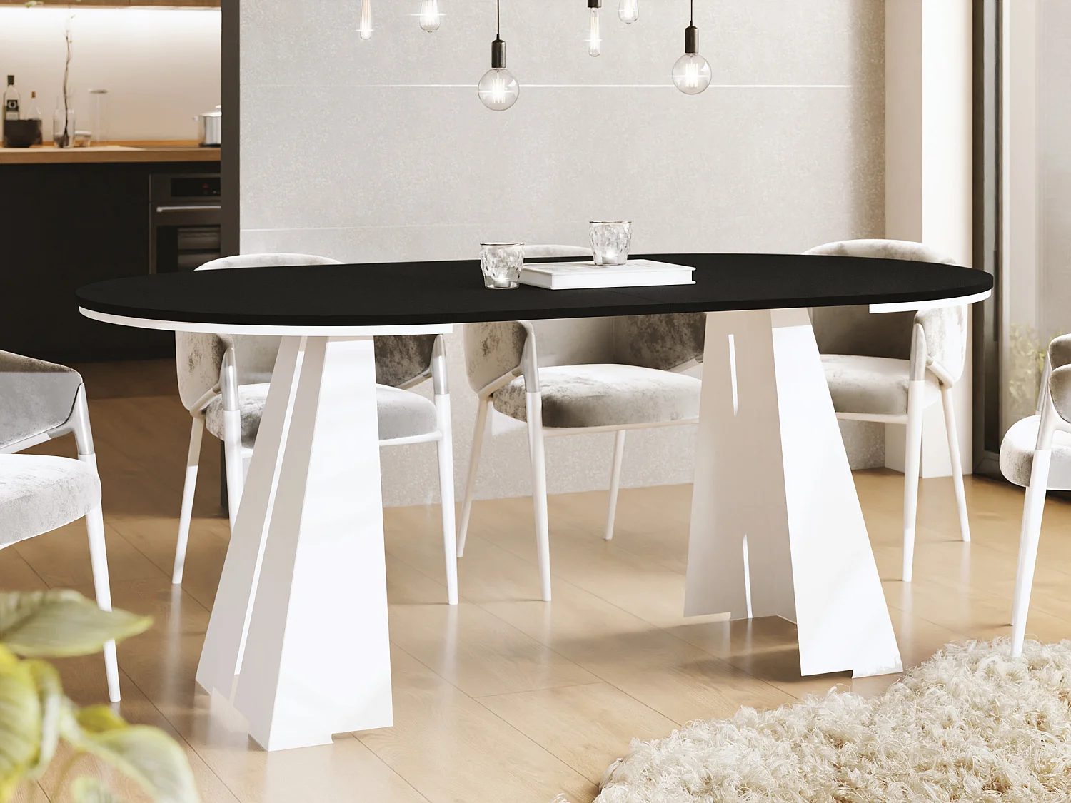 Runder ausziehbarer Esstisch mit weißem Metallgestell - moderner industrieller Tisch für Esszimmer oder Küche - 120 cm bis 200 cm - Made in EU - Schwarz