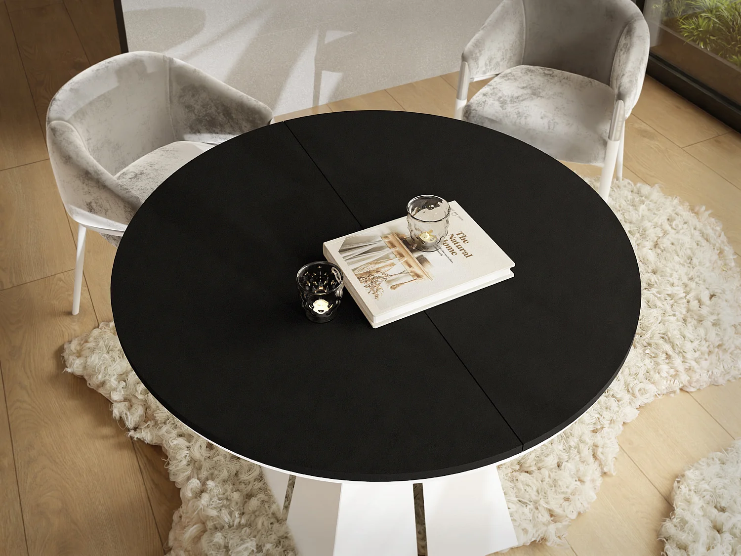 Runder ausziehbarer Esstisch mit weißem Metallgestell - moderner industrieller Tisch für Esszimmer oder Küche - 120 cm bis 200 cm - Made in EU - Schwarz