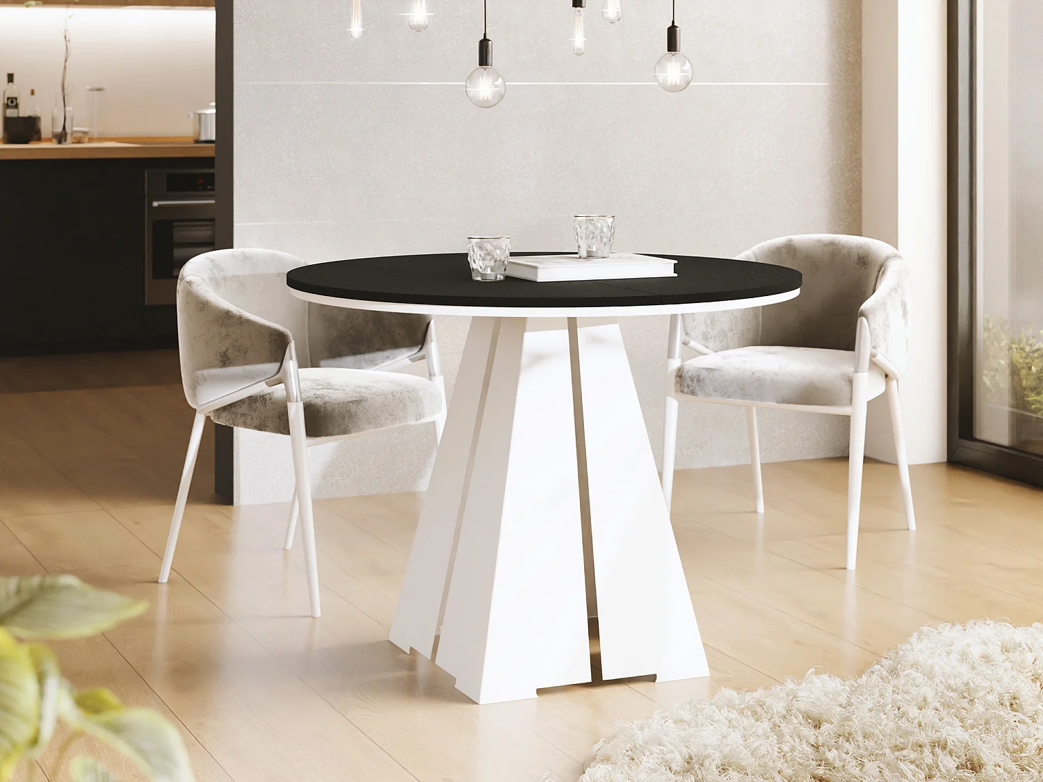 Runder ausziehbarer Esstisch mit weißem Metallgestell - moderner industrieller Tisch für Esszimmer oder Küche - 120 cm bis 200 cm - Made in EU - Schwarz