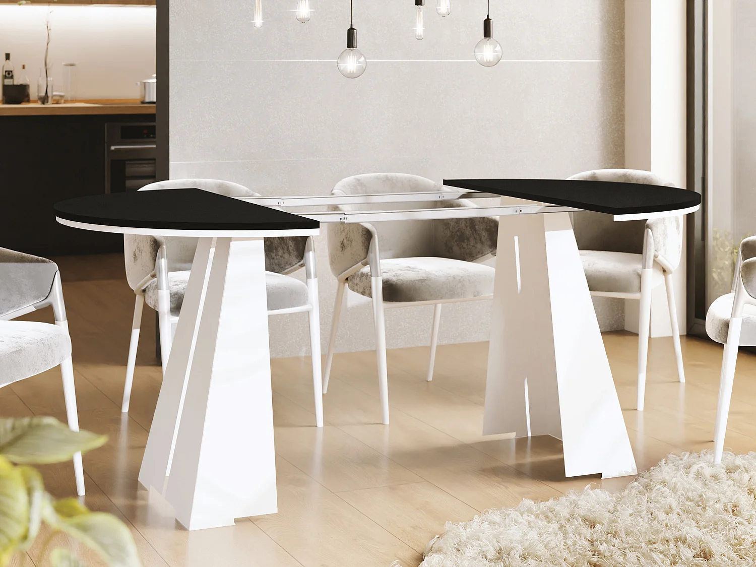 Runder ausziehbarer Esstisch mit weißem Metallgestell - moderner industrieller Tisch für Esszimmer oder Küche - 120 cm bis 200 cm - Made in EU - Schwarz
