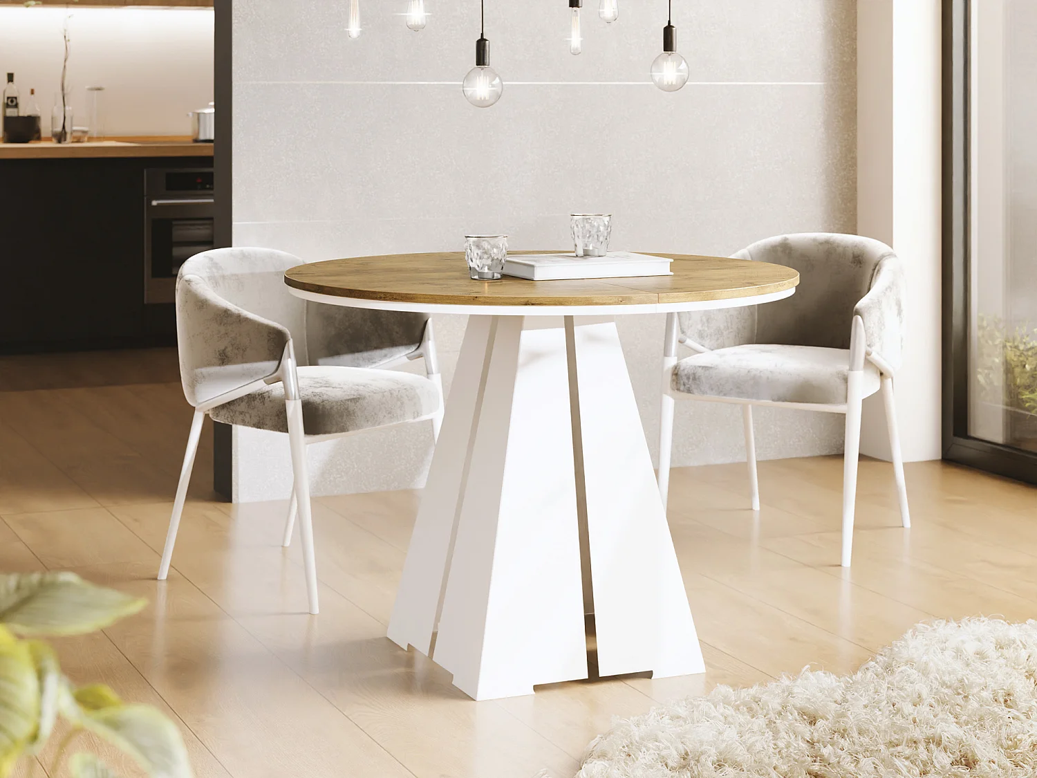 Runder ausziehbarer Esstisch mit weißem Metallgestell - moderner industrieller Tisch für Esszimmer oder Küche - 120 cm bis 200 cm - Made in EU - Lancelot Eiche