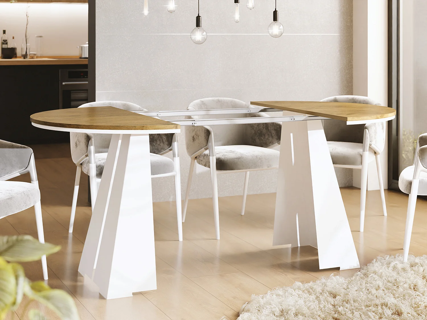 Runder ausziehbarer Esstisch mit weißem Metallgestell - moderner industrieller Tisch für Esszimmer oder Küche - 120 cm bis 200 cm - Made in EU - Lancelot Eiche