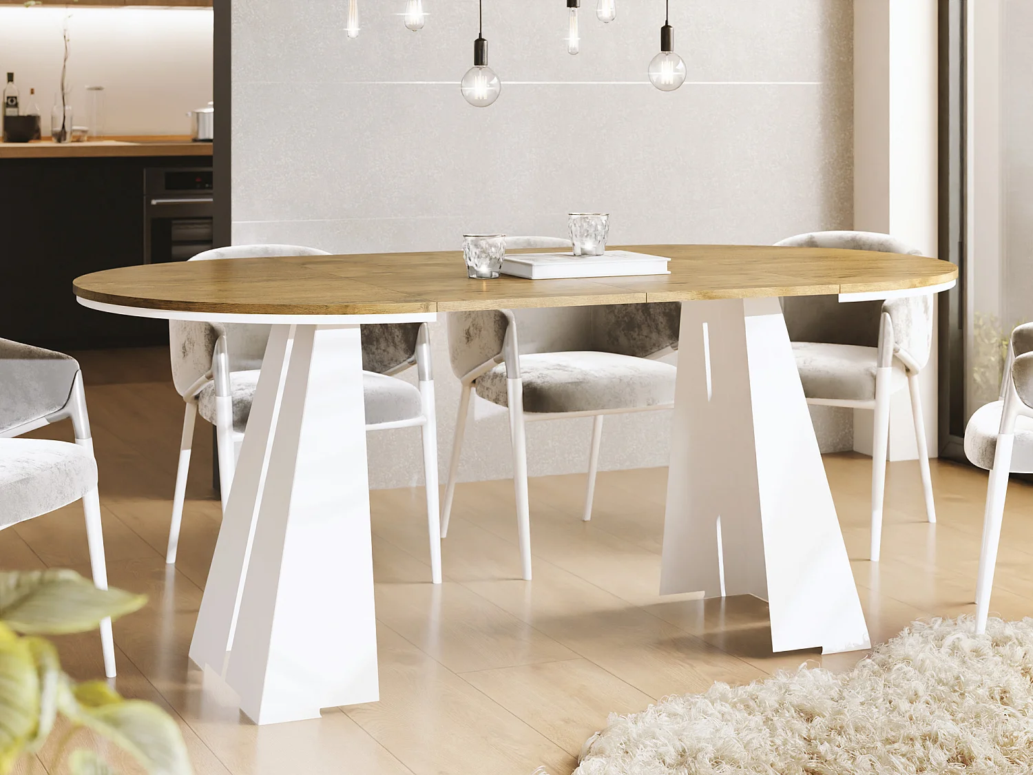 Runder ausziehbarer Esstisch mit weißem Metallgestell - moderner industrieller Tisch für Esszimmer oder Küche - 120 cm bis 200 cm - Made in EU - Lancelot Eiche