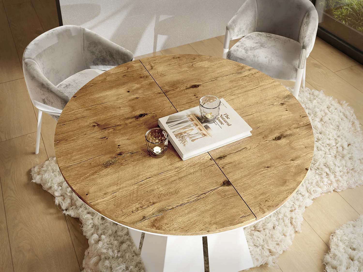 Runder ausziehbarer Esstisch mit weißem Metallgestell - moderner industrieller Tisch für Esszimmer oder Küche - 120 cm bis 200 cm - Made in EU - Lancelot Eiche