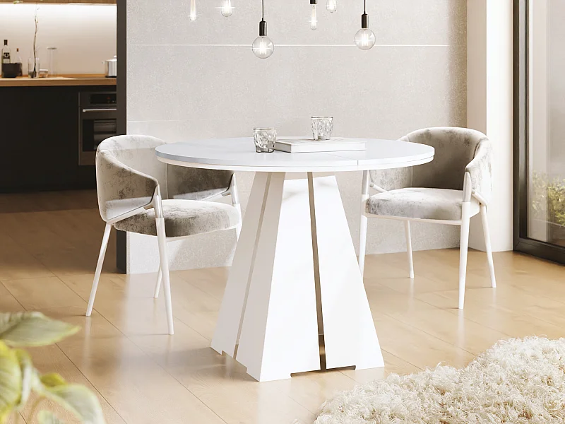 Table à Manger Ronde Extensible avec Piètement Métallique Blanc - Table Industrielle Moderne pour Salle à Manger - 120 cm à 200 cm - Fabriqué en UE - Blanc