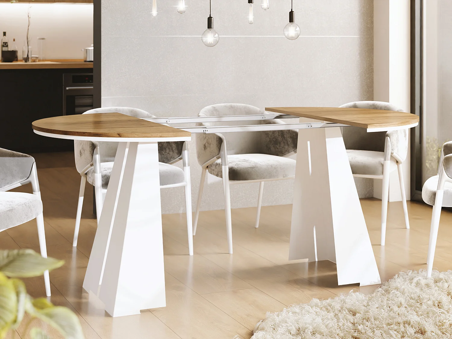 Runder ausziehbarer Esstisch mit weißem Metallgestell - moderner industrieller Tisch für Esszimmer oder Küche - 120 cm bis 200 cm - Made in EU - Craft Eiche