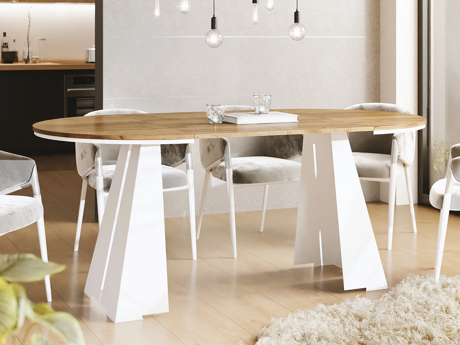 Runder ausziehbarer Esstisch mit weißem Metallgestell - moderner industrieller Tisch für Esszimmer oder Küche - 120 cm bis 200 cm - Made in EU - Craft Eiche