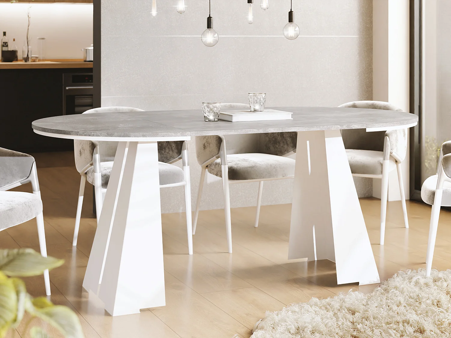 Runder ausziehbarer Esstisch mit weißem Metallgestell - moderner industrieller Tisch für Esszimmer oder Küche - 120 cm bis 200 cm - Made in EU - Grauer Beton